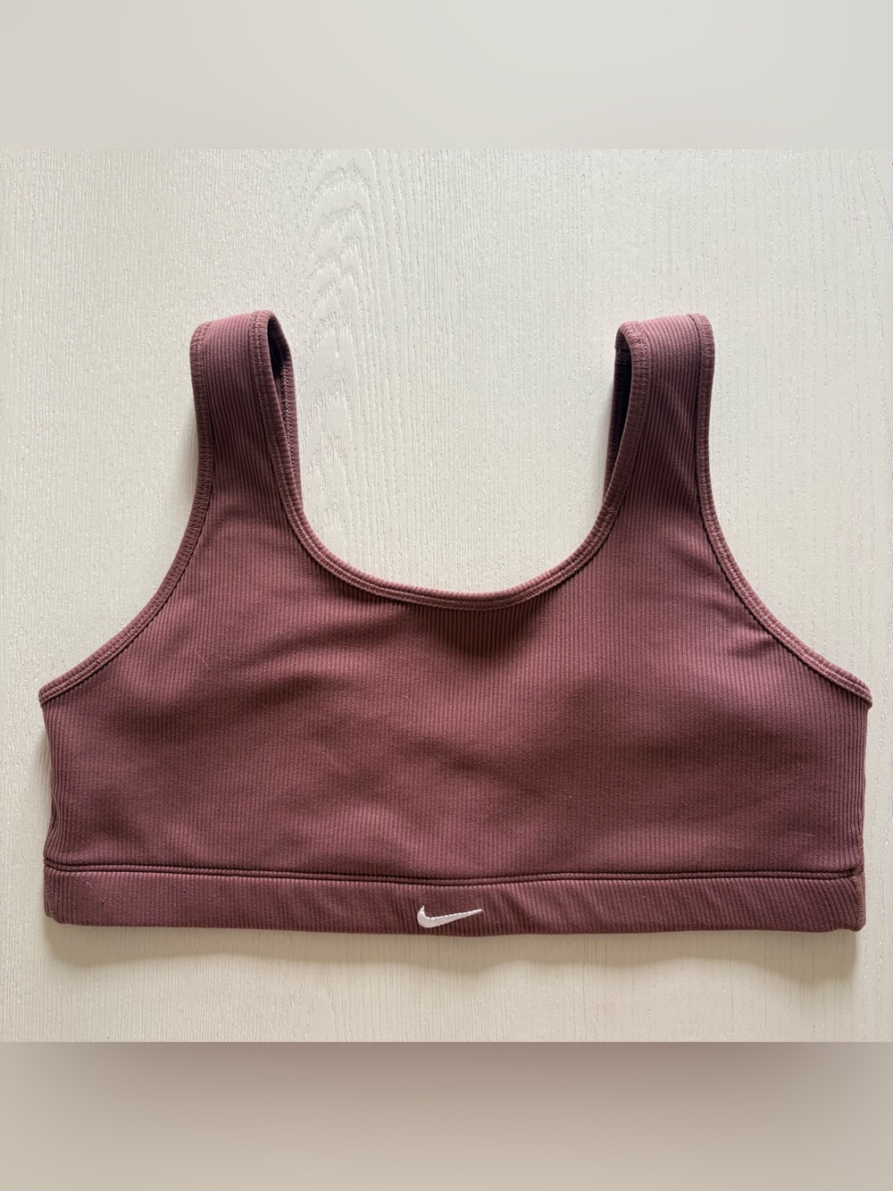 Nike Ribbed Sports Bra in Mauve Rose with White Swoosh